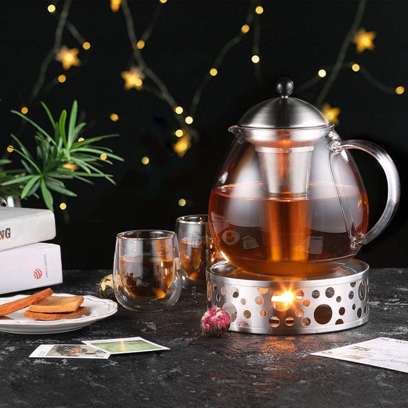 Glastal 1500ml Glass Teapot With 1810 Stainless Steel Tea Warmer And Infuser Heat Resistant