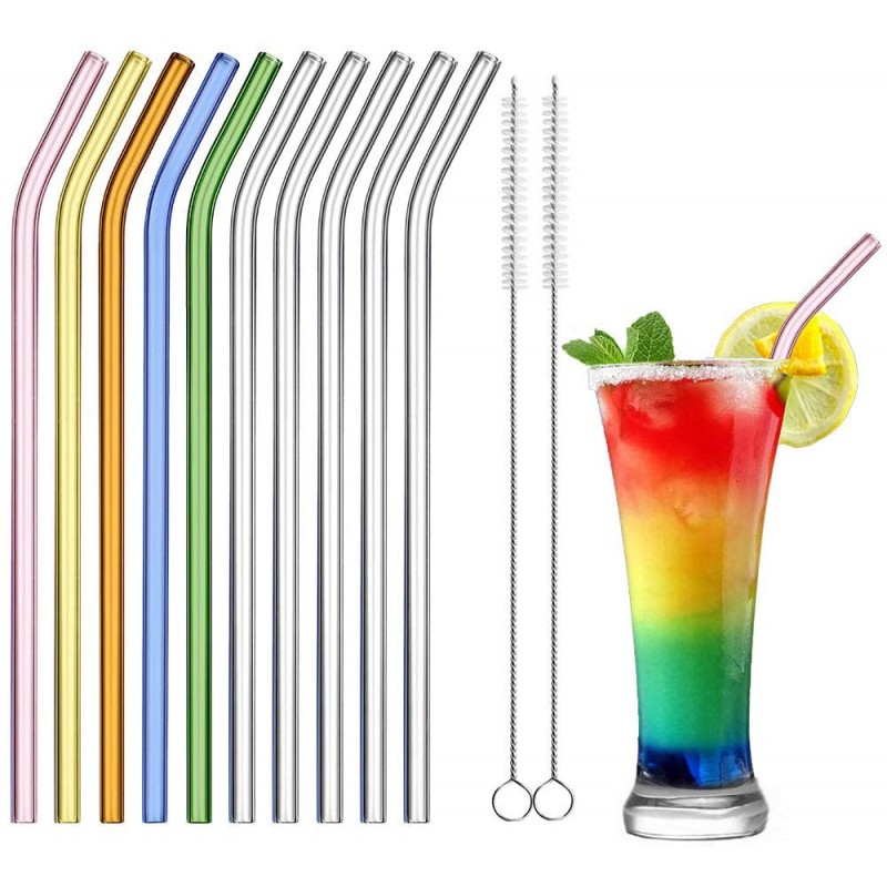 Curved Straw Tea Coffee Juice Reusable Glass Drinking Straws Cleaner Brush